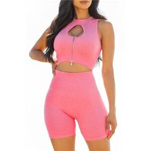 Pink 2pc Seamless Sexy Crop Top With Short Set For Women